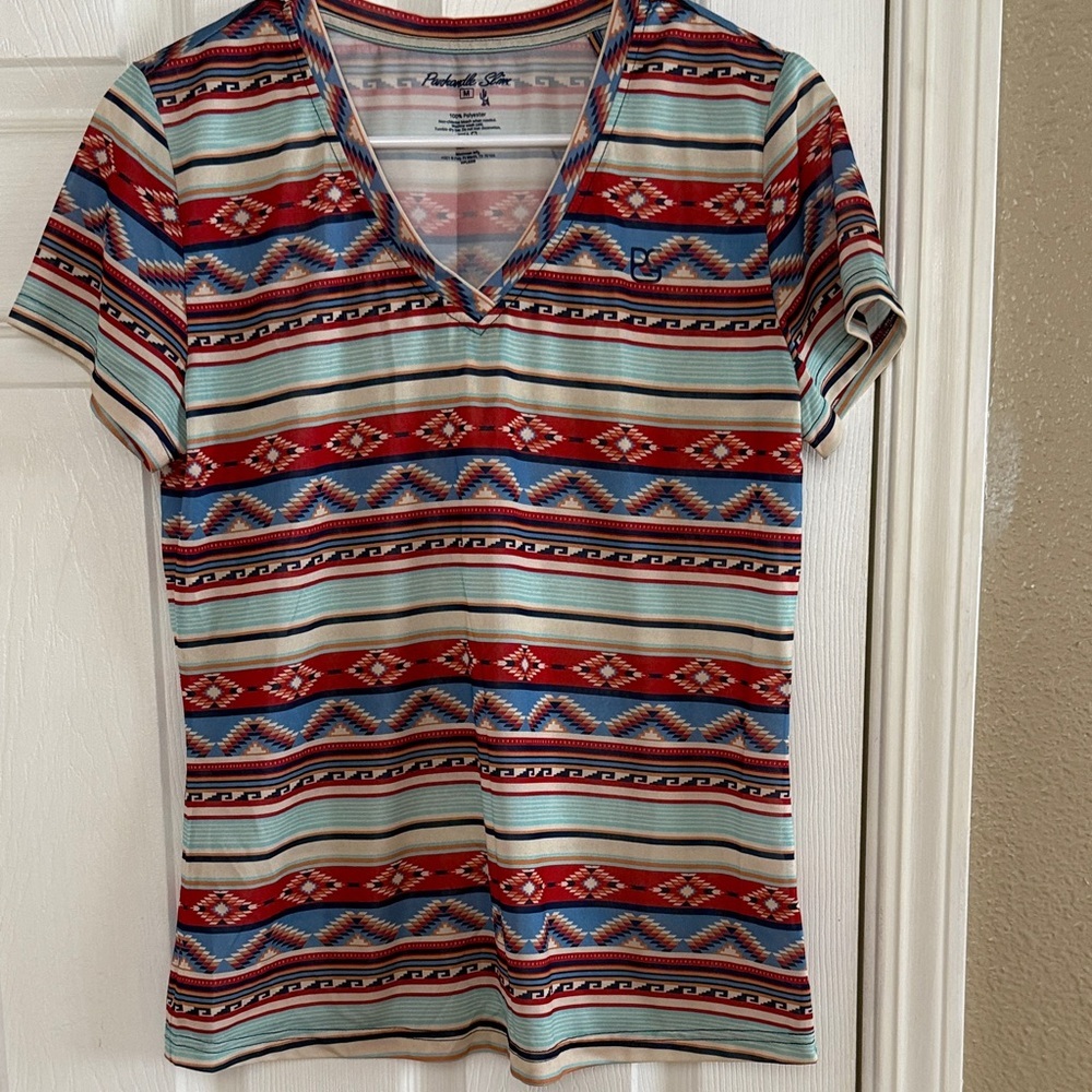 Panhandle Slim Red Blue Cream Southwestern Stripe V-Neck Tee